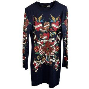 Love Moschino Mini Dress Womens Sz 4 Black Tattoo Print Y2K Long Sleeve Graphic